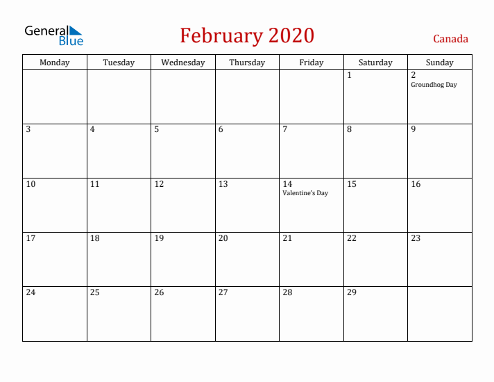 Canada February 2020 Calendar - Monday Start