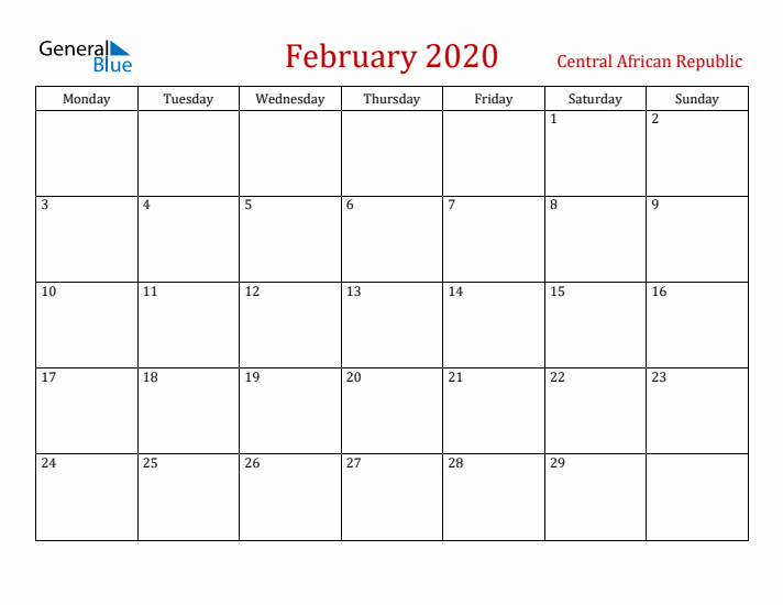 Central African Republic February 2020 Calendar - Monday Start