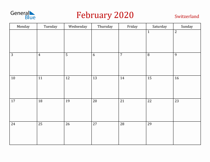 Switzerland February 2020 Calendar - Monday Start