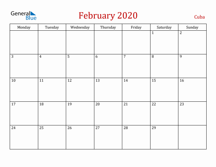 Cuba February 2020 Calendar - Monday Start