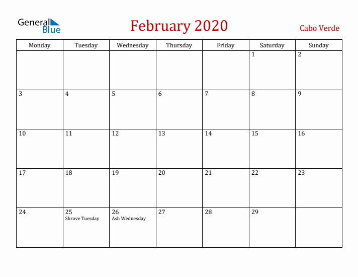 Cabo Verde February 2020 Calendar - Monday Start