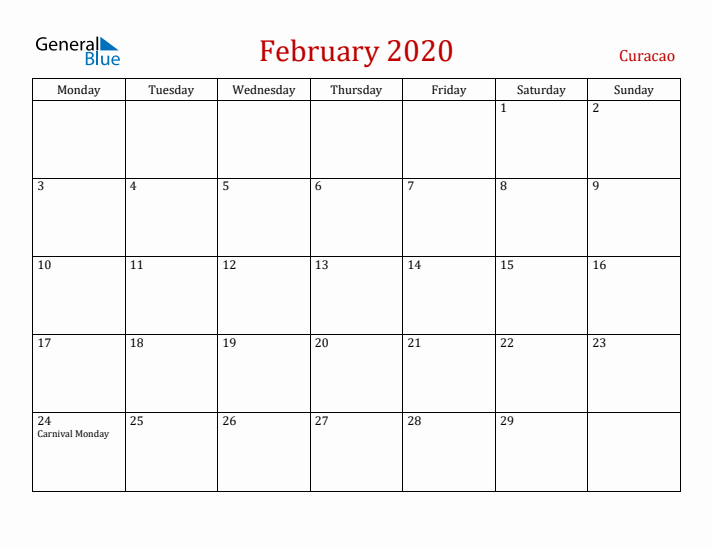 Curacao February 2020 Calendar - Monday Start