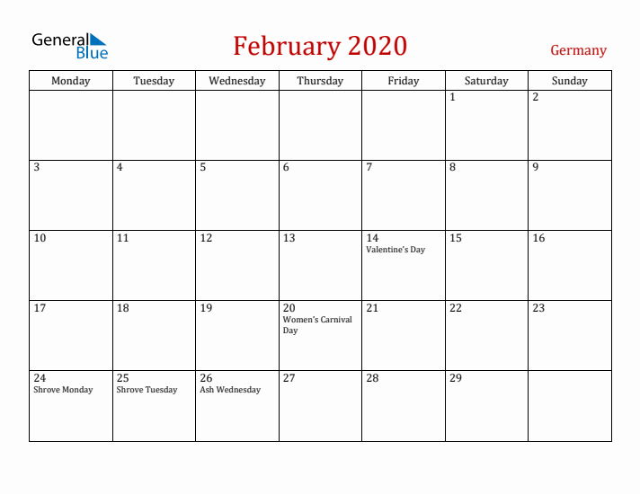 Germany February 2020 Calendar - Monday Start