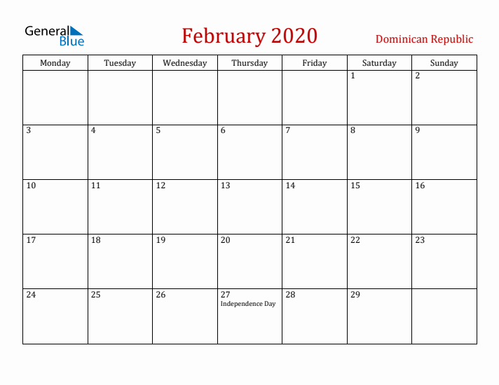 Dominican Republic February 2020 Calendar - Monday Start