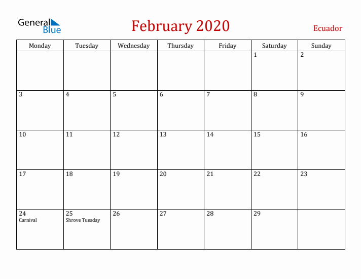 Ecuador February 2020 Calendar - Monday Start
