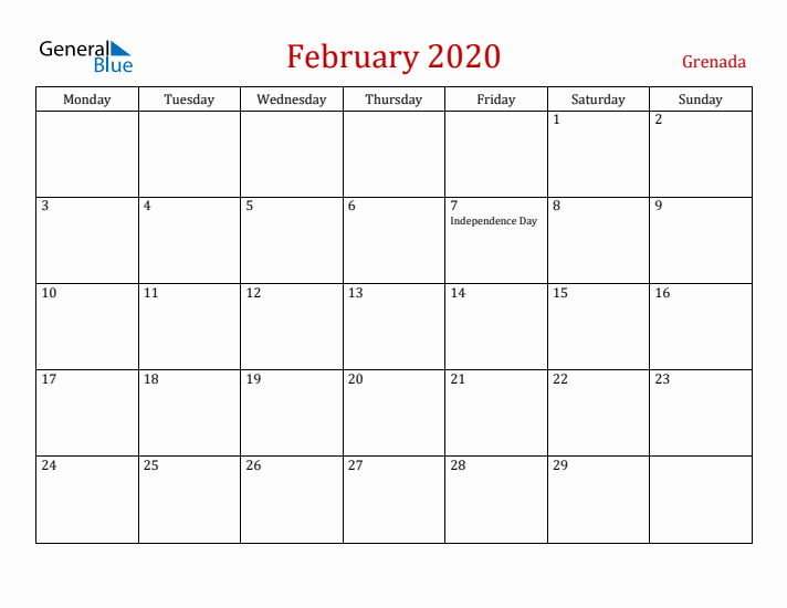 Grenada February 2020 Calendar - Monday Start