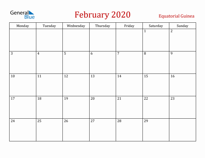 Equatorial Guinea February 2020 Calendar - Monday Start