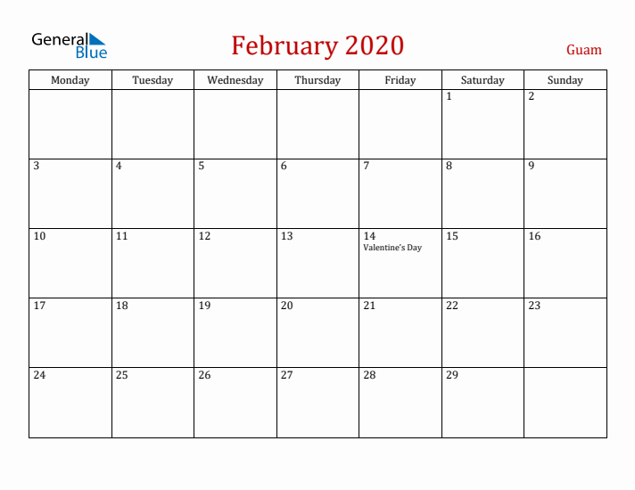 Guam February 2020 Calendar - Monday Start
