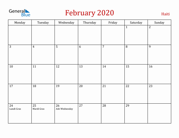 Haiti February 2020 Calendar - Monday Start