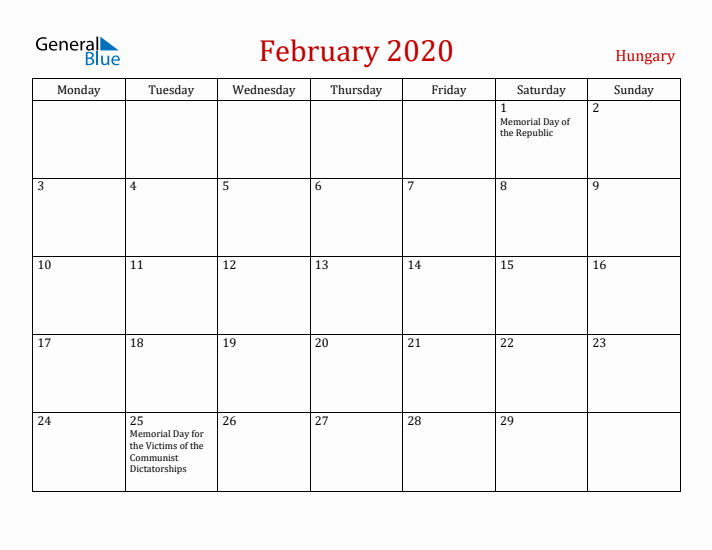 Hungary February 2020 Calendar - Monday Start