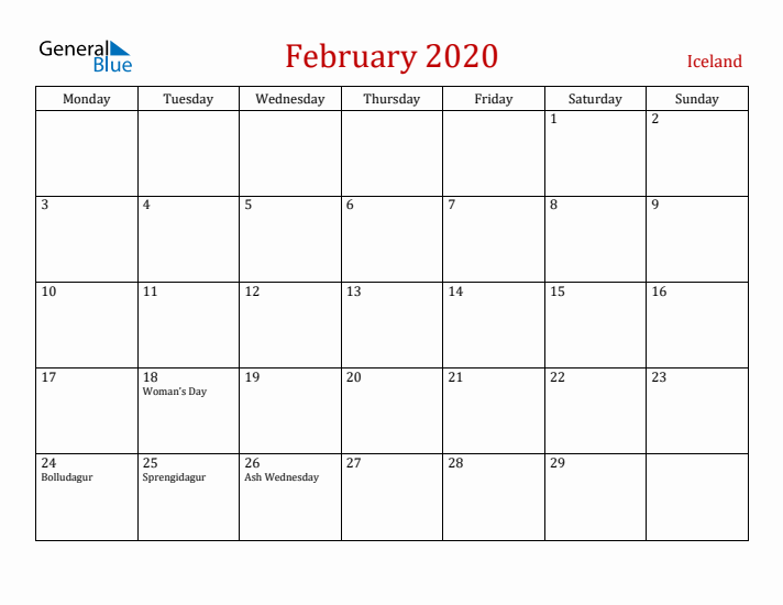 Iceland February 2020 Calendar - Monday Start