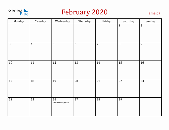 Jamaica February 2020 Calendar - Monday Start