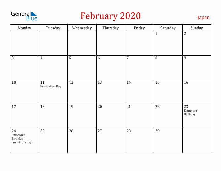 Japan February 2020 Calendar - Monday Start