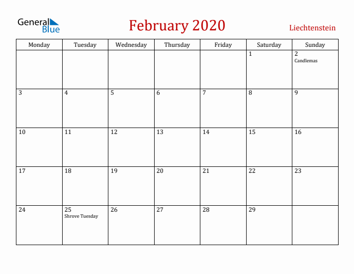 Liechtenstein February 2020 Calendar - Monday Start