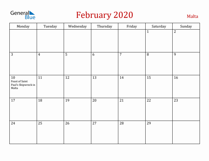 Malta February 2020 Calendar - Monday Start