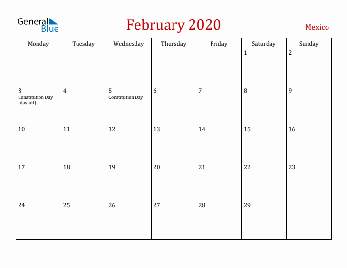 Mexico February 2020 Calendar - Monday Start