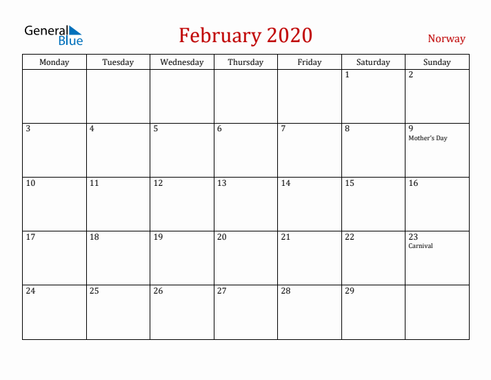 Norway February 2020 Calendar - Monday Start