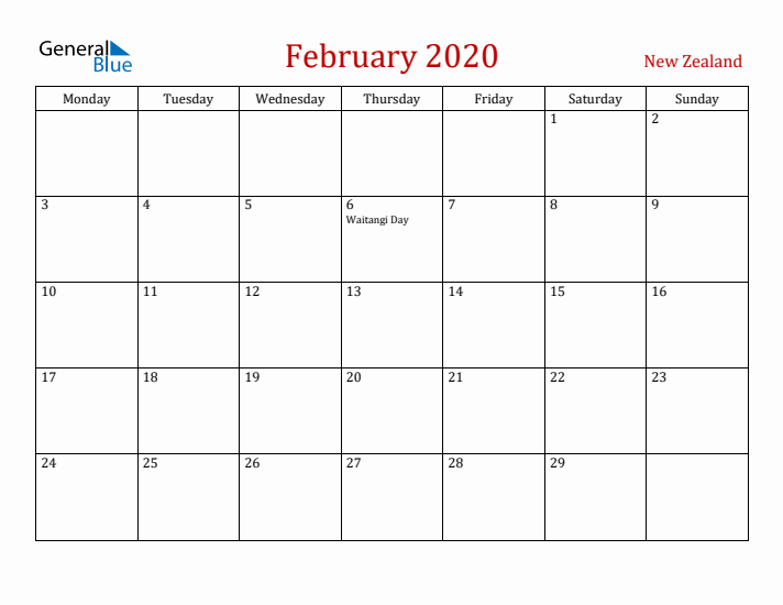New Zealand February 2020 Calendar - Monday Start