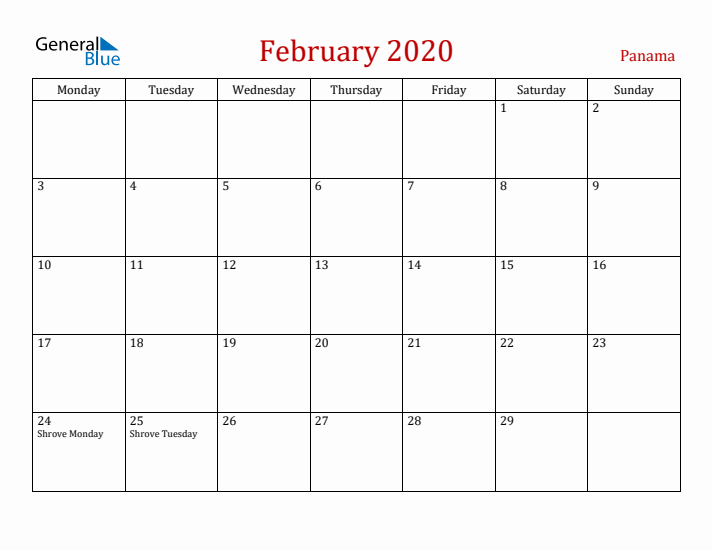 Panama February 2020 Calendar - Monday Start