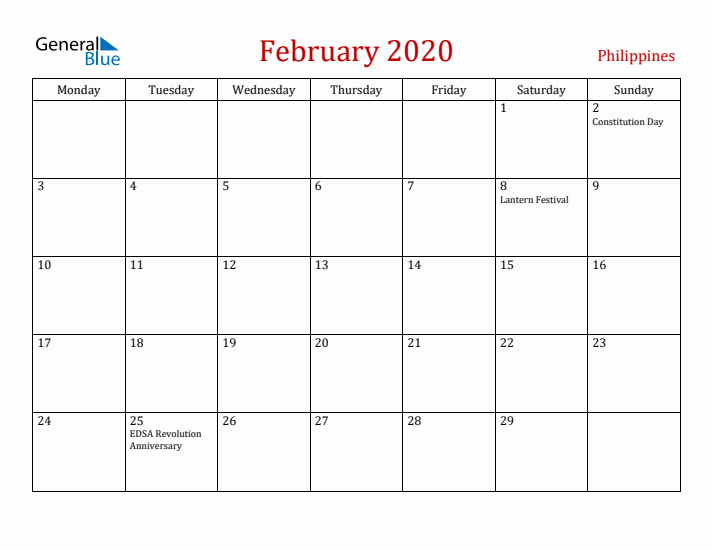 Philippines February 2020 Calendar - Monday Start