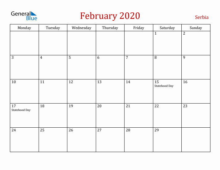 Serbia February 2020 Calendar - Monday Start