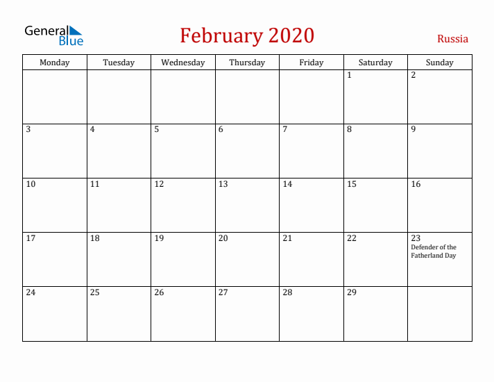 Russia February 2020 Calendar - Monday Start