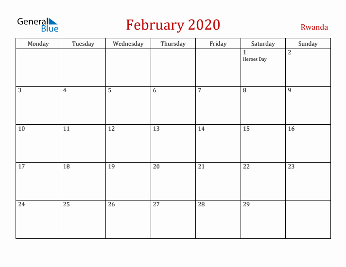 Rwanda February 2020 Calendar - Monday Start