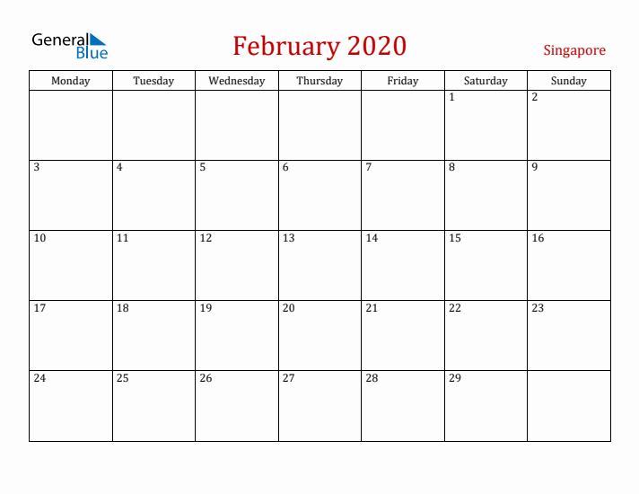 Singapore February 2020 Calendar - Monday Start