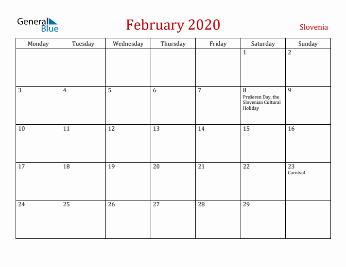 Slovenia February 2020 Calendar - Monday Start