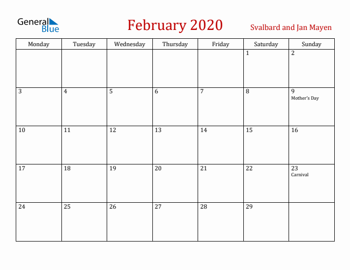Svalbard and Jan Mayen February 2020 Calendar - Monday Start