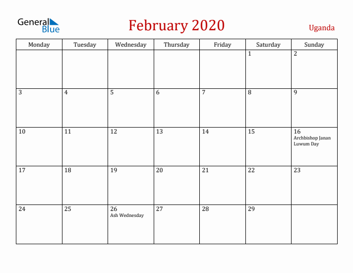 Uganda February 2020 Calendar - Monday Start