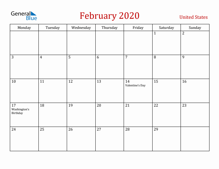 United States February 2020 Calendar - Monday Start