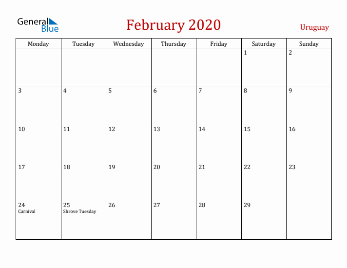 Uruguay February 2020 Calendar - Monday Start