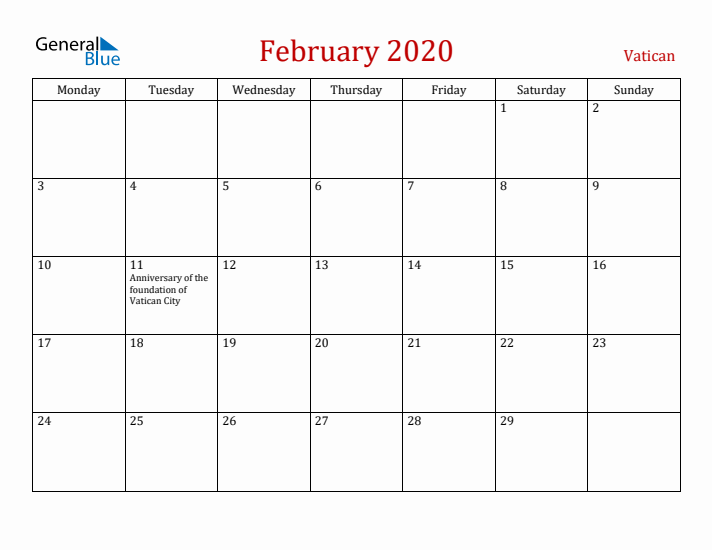 Vatican February 2020 Calendar - Monday Start
