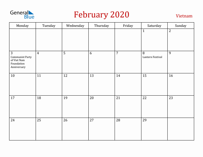 Vietnam February 2020 Calendar - Monday Start