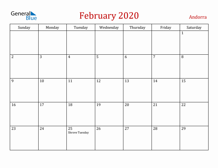 Andorra February 2020 Calendar - Sunday Start