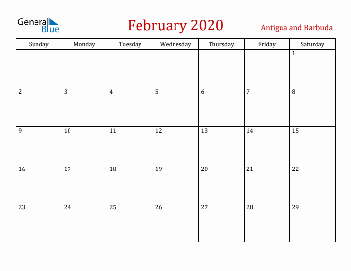 Antigua and Barbuda February 2020 Calendar - Sunday Start
