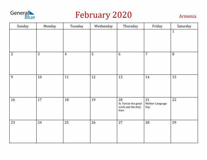 Armenia February 2020 Calendar - Sunday Start