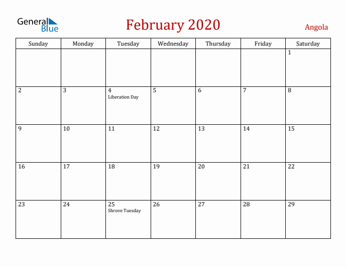 Angola February 2020 Calendar - Sunday Start