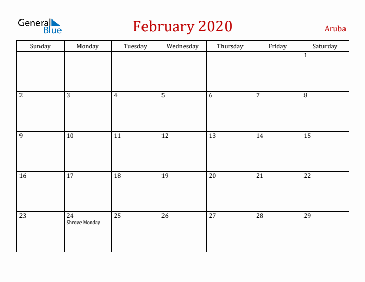 Aruba February 2020 Calendar - Sunday Start