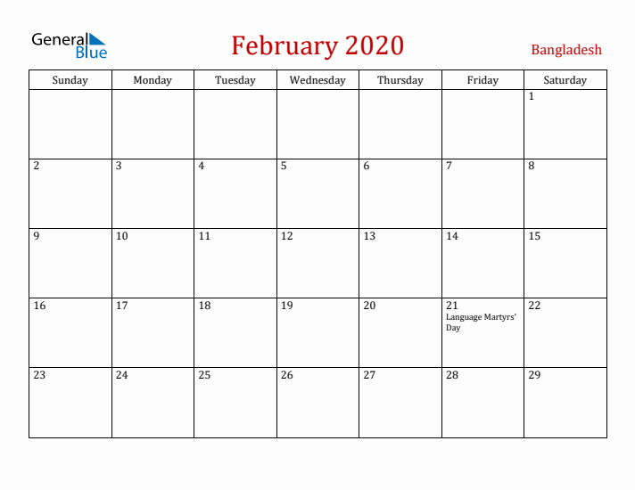 Bangladesh February 2020 Calendar - Sunday Start