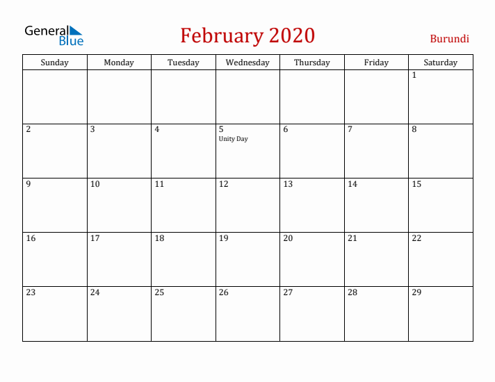 Burundi February 2020 Calendar - Sunday Start