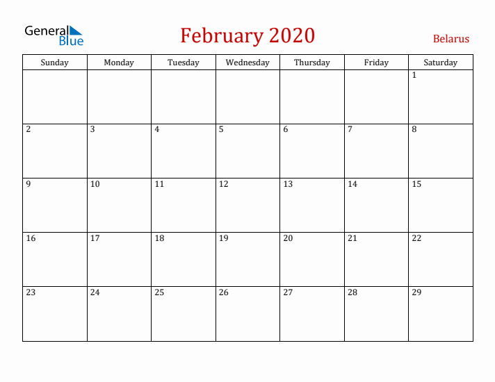 Belarus February 2020 Calendar - Sunday Start