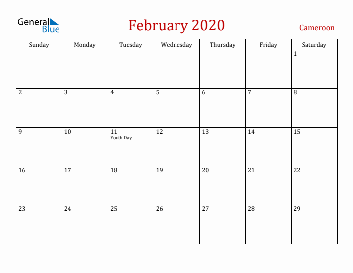 Cameroon February 2020 Calendar - Sunday Start