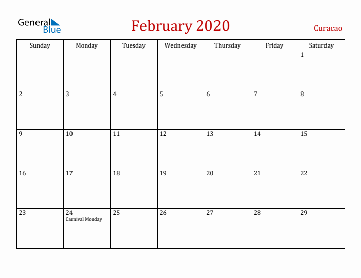 Curacao February 2020 Calendar - Sunday Start
