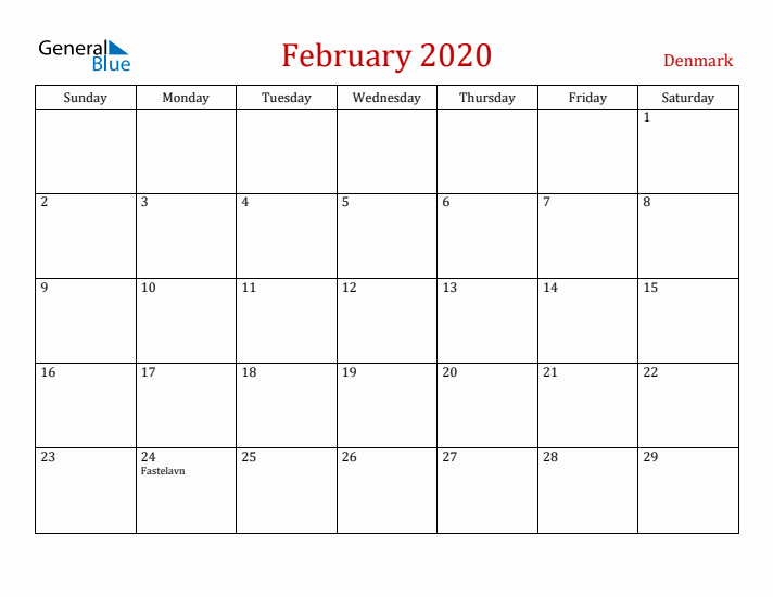 Denmark February 2020 Calendar - Sunday Start