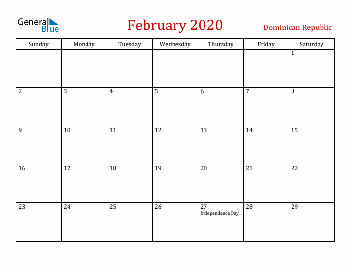 Dominican Republic February 2020 Calendar - Sunday Start