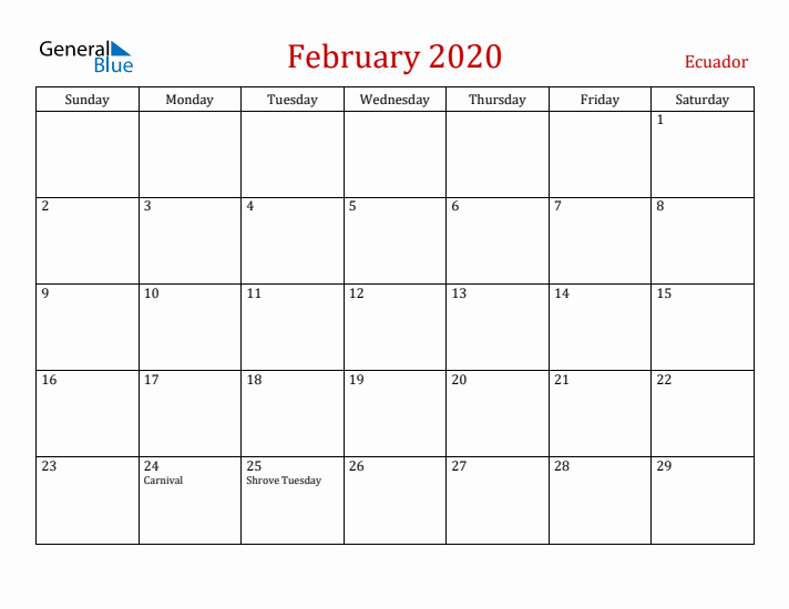 Ecuador February 2020 Calendar - Sunday Start