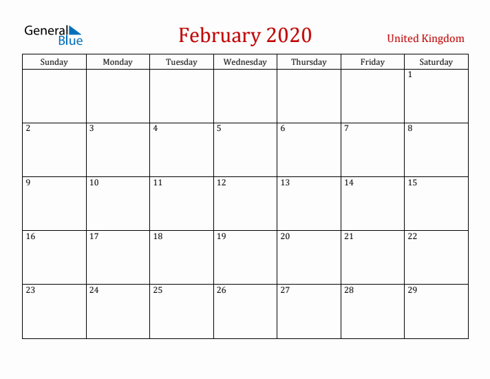 United Kingdom February 2020 Calendar - Sunday Start