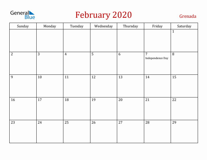 Grenada February 2020 Calendar - Sunday Start